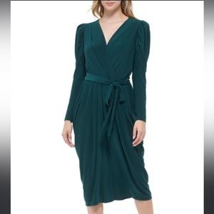 Tommy Hilfiger Women's Draped Faux-Wrap Puff-Sleeve Dress dark green, size 14,
